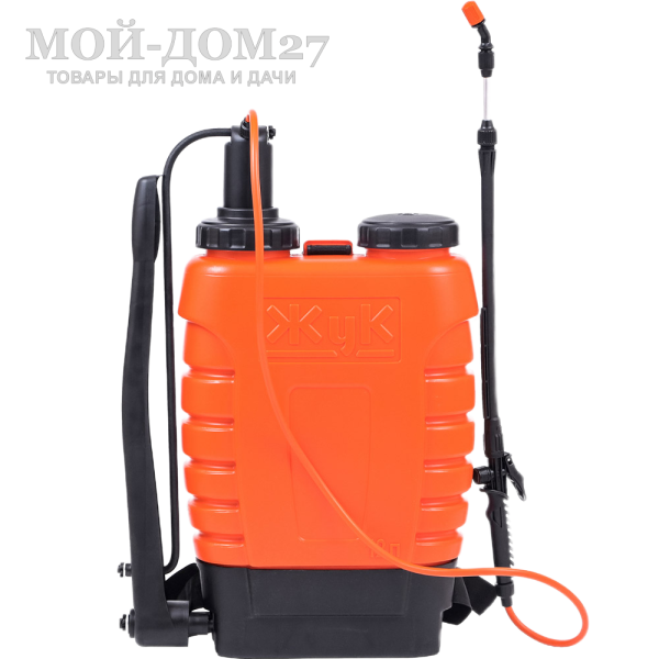 Опрыскиватель ранцевый 12 л. ЖУК классик (ОГ-112) | Мой-Дом27 | Бак, объемом 12 л, позволяет обрабатывать большие по площади участки, а универсальная конструкция предусматривает возможность переоборудования опрыскивателя для работы как правой, так и левой рукой.<br>
 Удобные плечевые ремни снимают напряжение в спине во время работы.<br>
 Расход рабочей жидкости 0,6-0,8 л/мин<br>
Регулировка распыла: от струи до тумана