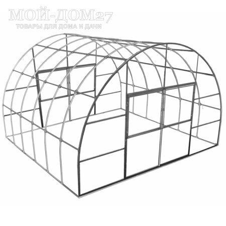 Теплица Фермерская 4,2х4 метра с поликарбонатом | Мой-Дом27 | Каркас изготовлен из оцинкованной замкнутой трубы 30*20 мм.<br>
 <b>Ширина - 4,2 метра</b>.&nbsp;Высота - 2,75&nbsp;метра. Длина - 4 метра<br>
 Выдерживаемая снеговая нагрузка - 150 кг/м2. Выдерживаемая ветровая нагрузка - до 27 м/с.<br>
 <b>Расстояние между дугами 0,65 метра. Толщина металла дуги 1,2 мм. С каждого торца по две двери и форточки в дверях</b><br>
 <b>
Стрингеров (горизонтальных соединений дуг)&nbsp;– 9 шт.&nbsp;</b><br>
