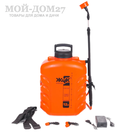 Аккумуляторный ранцевый опрыскиватель 12 л. ЖУК | Мой-Дом27 | Объем бака: 12 л.<br>
 Среднее время непрерывной работы: до 4 ч непрерывной работы<br>
 Удлиненный шланг брандспойта опрыскивателя - 1.5 метра<br>
 Дальность разбрызгивания: 0,5-2,5 м.<br>
Максимальное давление: 5,5 бар<br>
 Максимальный расход жидкости: 3,1 л/мин<br>
 Тип АКБ: кислотно-свинцовый<br>