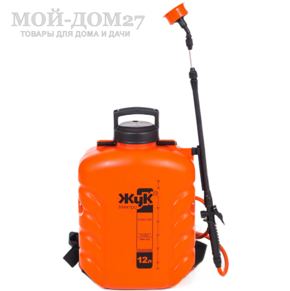 Аккумуляторный ранцевый опрыскиватель 12 л. ЖУК | Мой-Дом27 Аккумуляторный ранцевый опрыскиватель 12 л. ЖУК | Мой-Дом27 | Объем бака: 12 л.<br>
 Среднее время непрерывной работы: до 4 ч непрерывной работы<br>
 Удлиненный шланг брандспойта опрыскивателя - 1.5 метра<br>
 Дальность разбрызгивания: 0,5-2,5 м.<br>
Максимальное давление: 5,5 бар<br>
 Максимальный расход жидкости: 3,1 л/мин<br>
 Тип АКБ: кислотно-свинцовый<br>