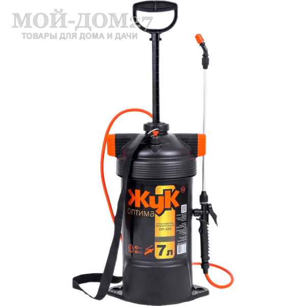 Опрыскиватель пневматический 7 л. ЖУК оптима (ОП-220) | Мой-Дом27 | Объем бака: 7 л.<br>
 Диаметр заливной горловины: 265 мм<br>
 Тип брандспойта: Не телескопический 650 мм<br>
 Рабочее давление 2,3±0,3 атм<br>
 Расход рабочей жидкости 0,6-0,8 л/мин<br>
Регулировка распыла: от струи до тумана