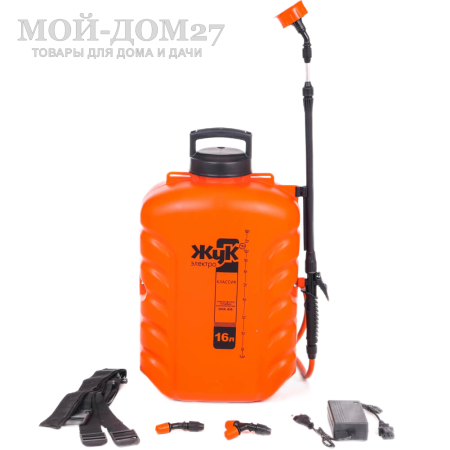 Аккумуляторный ранцевый опрыскиватель 16 л. ЖУК | Мой-Дом27 | Объем бака: 16 л.<br>
 Среднее время непрерывной работы: до 4 ч непрерывной работы<br>
 Удлиненный шланг брандспойта опрыскивателя - 1.5 метра<br>
 Дальность разбрызгивания: 0,5-2,5 м.<br>
 Максимальное давление: 5,5 бар<br>
 Максимальный расход жидкости: 3,1 л/мин<br>
 Тип АКБ: кислотно-свинцовый<br>