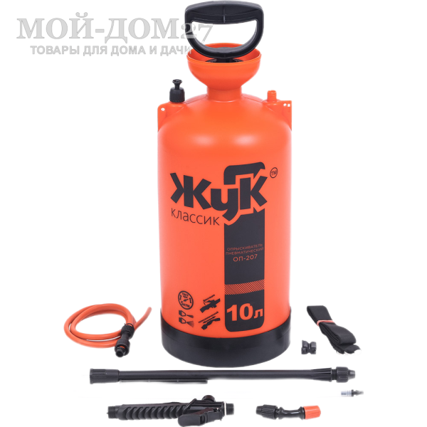 Опрыскиватель пневматический 10 л. ЖУК классик (ОП-207) | Мой-Дом27 | Объем бака: 10 л.<br>
 Диаметр заливной горловины: 100 мм<br>
 Тип брандспойта:Телескопический 650-970 мм<br>
 Рабочее давление: 2-3 атм<br>
 Расход рабочей жидкости 0,6-0,8 л/мин<br>
Регулировка распыла: от струи до тумана