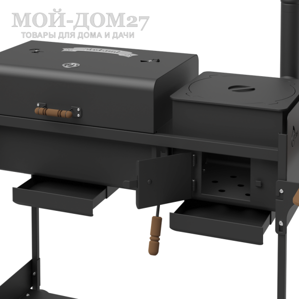 Гриль, мангал и печь под казан ROLAND | Мой-Дом27 | Применяется в нескольких вариация для приготовления различных блюд на открытом воздухе:<br>
 - как гриль и барбекю с решеткой, а на боковых стенках мангала имеются пазы под вертел;<br>
 - как печь под казан, ёмкостью 6-8 л;<br>
 - как мангал, для приготовления шашлыков;<br>
 - как печь с варочной поверхностью, для приготовления пищи в обычной посуде.<br>
Справа и слева располагаются откидные столики . Внизу – полки.