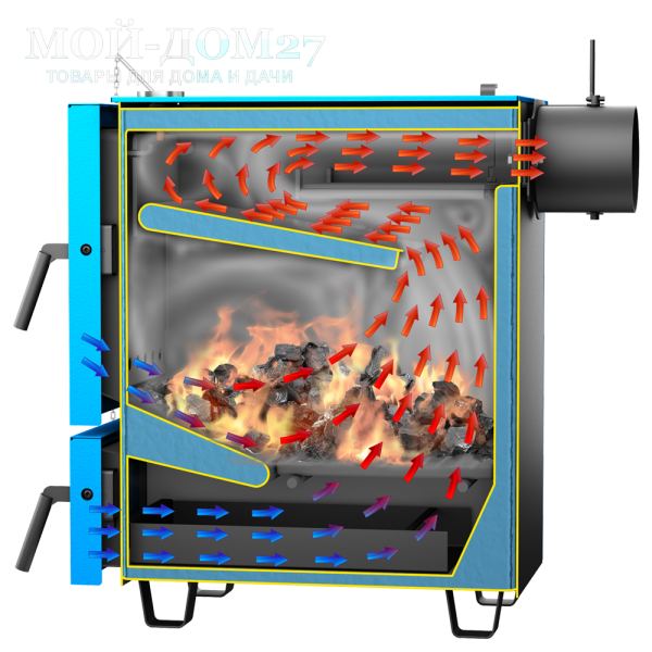 Твердотопливный котел КОБАЛЬТ 15 | Мой-Дом27 | Мощность 15 кВт (отапливаемая площадь до 150 м2)<br>
Котёл предназначен для работы на твёрдом топливе, с резьбовым фланцем для установки блока ТЭНов, рабочее давление в котле 3 кгс/см2.