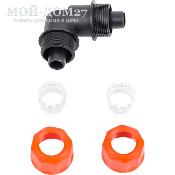 Уголок цанговый ЖУК 3/4" | Мой-Дом27 | <b>Материал:</b> пластик <br>
 <b>Диаметр:</b> шланг 3/4 <br>
 <b>Применение: </b>для разветвления шлангов диаметром 3/4-3/4<br>