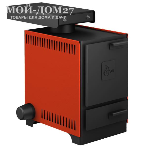 Твердотопливный котел СТЭН mini 7 | Мой-Дом27 | Мощность 7 кВт (отапливаемая площадь до 70 м2)<br>
Котёл предназначен для работы на твёрдом топливе, с резьбовым фланцем для установки блока ТЭНов, рабочее давление в котле 1кгс/см2. Боковые декоративные панели - съемные