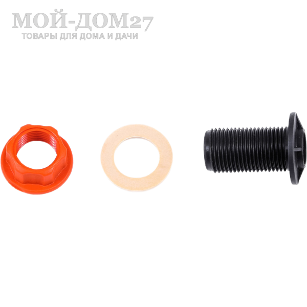 Штуцер для бочки | Мой-Дом27 | <b>Материал:</b> пластик<br>
 <b>Диаметр:</b> отверстие в бочке 22 мм<br>
 <b>Комплектация:</b> штуцер с кольцом и гайкой на картонном подвесе<br>
 <b>Применение:</b> для подсоединения систем капельного полива к емкости<br>