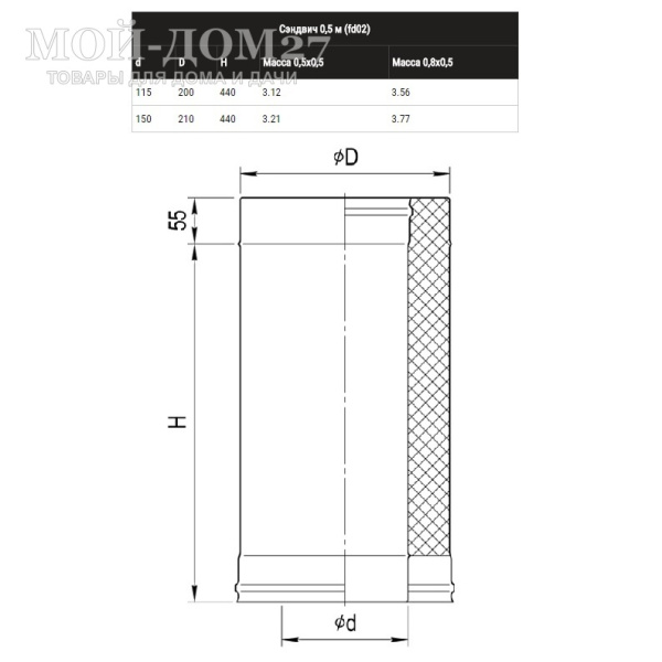 Сэндвич труба 0,5 метра 115х200 мм (430/0,5) | Мой-Дом27 | Предназначен для отвода дыма и газов на прямом участке.