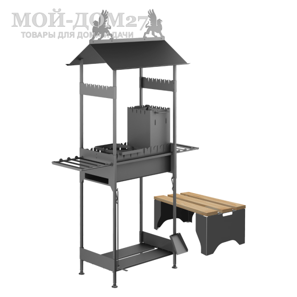 Мангал ЗАМОК | Мой-Дом27 | Два уровня установки шампуров - для дров и для угля. Специальные прорези на боковых стенках обеспечивают фиксацию поворота шампура (при наличии "спирали" на шампуре). <br>
 Мангал оснащён съёмными боковыми столиками. В "башне" можно приготовить угли из дров. Крышка башни служит для снижения интенсивности горения дров. Накладное кольцо под казан устанавливается в прорези для шампуров. Внизу располагаются металлические полки. <br>
Функциональная скамья-обрешётка служит дополнительной защитой мангала при транспортировке. Далее используется как обычная скамья.