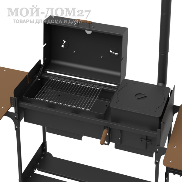 Гриль, мангал и печь под казан ROLAND | Мой-Дом27 | Применяется в нескольких вариация для приготовления различных блюд на открытом воздухе:<br>
 - как гриль и барбекю с решеткой,&nbsp;а на боковых стенках мангала имеются пазы под вертел;<br>
 - как печь под казан, ёмкостью 6-8 л;<br>
 - как мангал, для приготовления шашлыков;<br>
 - как печь с варочной поверхностью, для приготовления пищи в обычной посуде.<br>
Справа и слева располагаются откидные столики . Внизу – полки.