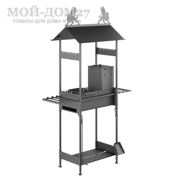 Мангал ЗАМОК | Мой-Дом27 | Два уровня установки шампуров - для дров и для угля. Специальные прорези на боковых стенках обеспечивают фиксацию поворота шампура (при наличии "спирали" на шампуре). <br>
 Мангал оснащён съёмными боковыми столиками. В "башне" можно приготовить угли из дров. Крышка башни служит для снижения интенсивности горения дров. Накладное кольцо под казан устанавливается в прорези для шампуров. Внизу располагаются металлические полки. <br>
Функциональная скамья-обрешётка служит дополнительной защитой мангала при транспортировке. Далее используется как обычная скамья.