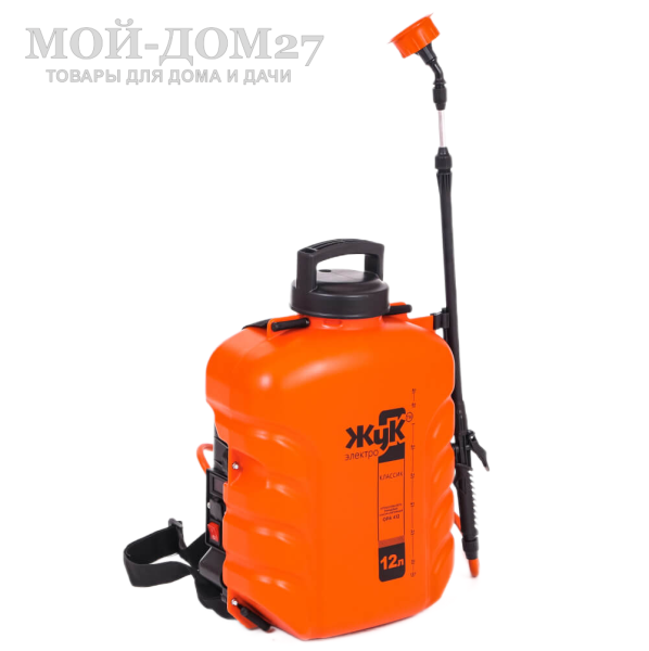 Аккумуляторный ранцевый опрыскиватель 12 л. ЖУК | Мой-Дом27 | Объем бака: 12 л.<br>
 Среднее время непрерывной работы: до 4 ч непрерывной работы<br>
 Удлиненный шланг брандспойта опрыскивателя - 1.5 метра<br>
 Дальность разбрызгивания: 0,5-2,5 м.<br>
Максимальное давление: 5,5 бар<br>
 Максимальный расход жидкости: 3,1 л/мин<br>
 Тип АКБ: кислотно-свинцовый<br>