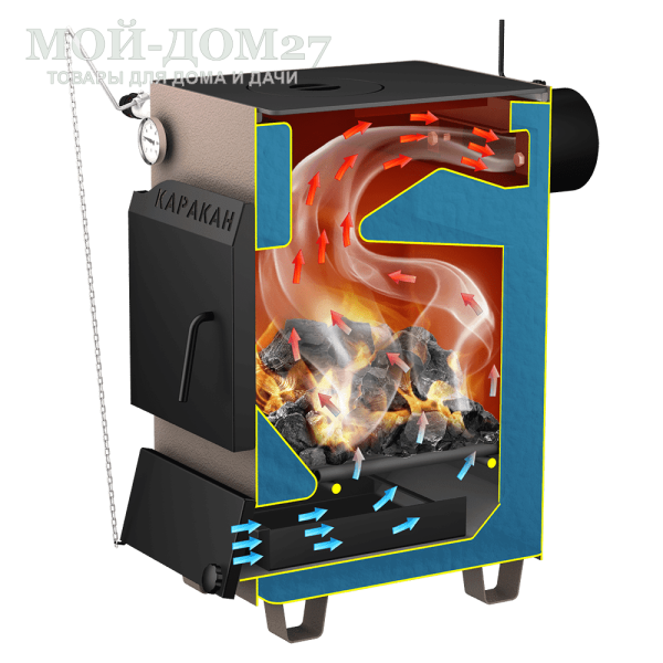 Твердотопливный котел КАРАКАН 10 ТПЭ-3 | Мой-Дом27 | Мощность 10 кВт (отапливаемая площадь до 100 м2)<br>
Котёл предназначен для работы на твёрдом топливе, имеет варочную плиту, с резьбовым фланцем для установки блока ТЭНов, рабочее давление в котле 3 кгс/см2.