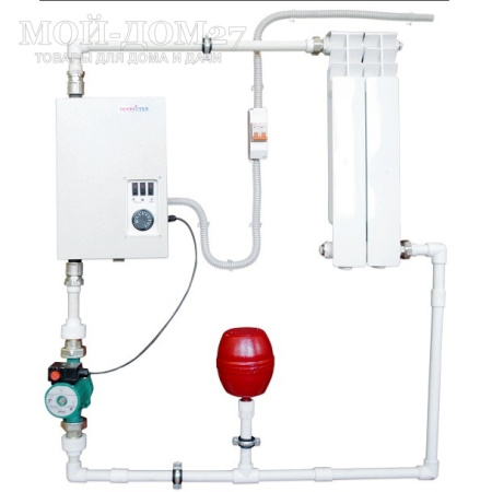 Электрический котел отопления ЭВПн 3 кВт | Мой-Дом27 Электрический котел отопления ЭВПн 3 кВт | Мой-Дом27 | <b>Общая мощность и каждой ступени:</b> 3 кВт (1+1+1 кВт)<br>
 <b>Электропитание:</b> 220 В<br>
 <b>Площадь отапливаемого помещения: </b>30 м2<br>
 <b>Нагревательный элемент: </b>блок ТЭН из нержавеющей стали<br>
 Управление осуществляется посредством автоматов выключателей и термостата для регулирования температуры теплоносителя с диапазоном регулирования от 0°С до 85°С<br>
 Рабочее давление: не более 0,15 Мпа (15 метров водяного столба)<br>
 <b>Диаметр подключения и расположение:</b> 25 мм (сверху и снизу)<br>