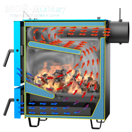 Твердотопливный котел КОБАЛЬТ 15 | Мой-Дом27 | Мощность 15 кВт (отапливаемая площадь до 150 м2)<br>
Котёл предназначен для работы на твёрдом топливе, с резьбовым фланцем для установки блока ТЭНов, рабочее давление в котле 3 кгс/см2.