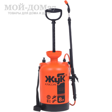 Опрыскиватель пневматический 8 л. ЖУК классик (ОП-207) | Мой-Дом27 | Объем бака: 8 л.<br>
 Диаметр заливной горловины: 100 мм<br>
 Тип брандспойта:Телескопический 650-970 мм<br>
 Рабочее давление: 2-3 атм<br>
 Расход рабочей жидкости 0,6-0,8 л/мин<br>
Регулировка распыла: от струи до тумана