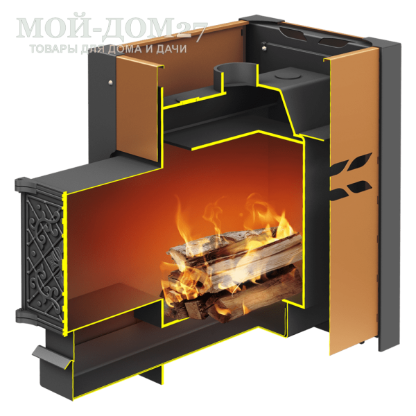 Печь-Каменка банная Парабель-18К | Мой-Дом27 | Печь банная «Парабель К» – новинка, печь с кожухом-конвектором и открытой каменкой, для использования в частных банях. Предназначена для нагрева воздуха в бане, и получения сухого или влажного пара (режимы "русская баня" и "финская сауна").<br>
 Объем парилки: до 18 м3<br>
 Топливо: сухие дрова, древесные брикеты<br>