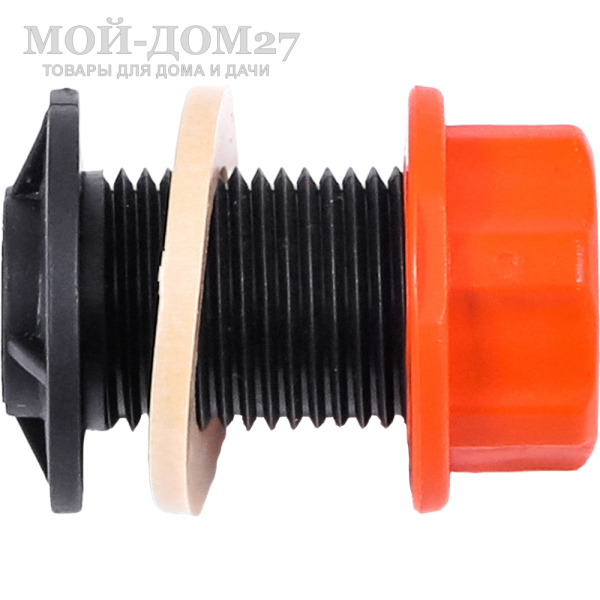 Штуцер для бочки | Мой-Дом27 | <b>Материал:</b>&nbsp;пластик<br>
 <b>Диаметр:</b>&nbsp;отверстие в бочке 22 мм<br>
 <b>Комплектация:</b>&nbsp;штуцер с кольцом и гайкой на картонном подвесе<br>
 <b>Применение:</b>&nbsp;для подсоединения систем капельного полива к емкости<br>