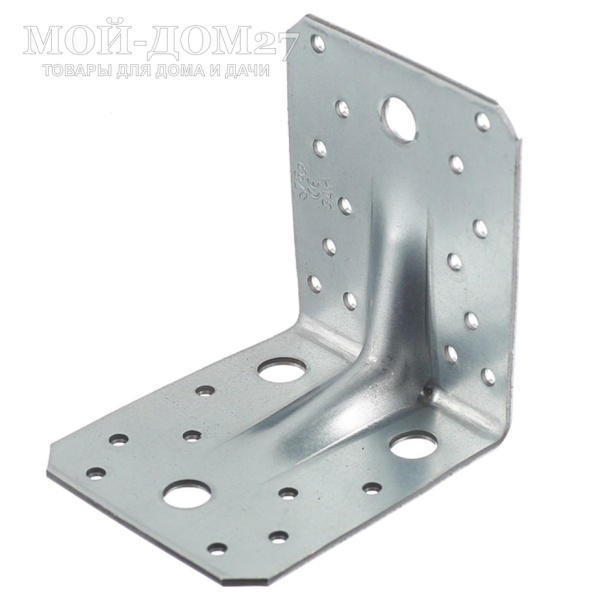 Уголок крепежный усиленный оцинкованный 105x105x90 мм | Мой-Дом27 | Усиленный оцинкованный крепёжный уголок (105x105x90) – это широкая перфорированная пластина с готовыми отверстиями для шурупов и саморезов различного диаметра. Используется для соединения отдельных деталей деревянных конструкций под прямым углом.