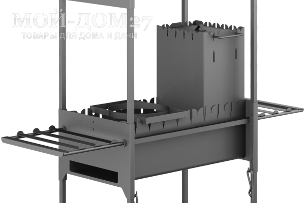 Мангал ЗАМОК | Мой-Дом27 | Два уровня установки шампуров - для дров и для угля. Специальные прорези на боковых стенках обеспечивают фиксацию поворота шампура (при наличии "спирали" на шампуре). <br>
 Мангал оснащён съёмными боковыми столиками. В "башне" можно приготовить угли из дров. Крышка башни служит для снижения интенсивности горения дров. Накладное кольцо под казан устанавливается в прорези для шампуров. Внизу располагаются металлические полки. <br>
Функциональная скамья-обрешётка служит дополнительной защитой мангала при транспортировке. Далее используется как обычная скамья.