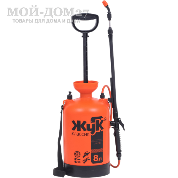Опрыскиватель пневматический 8 л. ЖУК классик (ОП-207) | Мой-Дом27 | Объем бака: 8 л.<br>
 Диаметр заливной горловины: 100 мм<br>
 Тип брандспойта:Телескопический 650-970 мм<br>
 Рабочее давление: 2-3 атм<br>
 Расход рабочей жидкости 0,6-0,8 л/мин<br>
Регулировка распыла: от струи до тумана