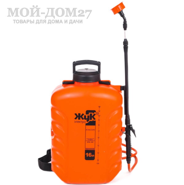 Аккумуляторный ранцевый опрыскиватель 16 л. ЖУК | Мой-Дом27 Аккумуляторный ранцевый опрыскиватель 16 л. ЖУК | Мой-Дом27 | Объем бака: 16 л.<br>
 Среднее время непрерывной работы: до 4 ч непрерывной работы<br>
 Удлиненный шланг брандспойта опрыскивателя - 1.5 метра<br>
 Дальность разбрызгивания: 0,5-2,5 м.<br>
 Максимальное давление: 5,5 бар<br>
 Максимальный расход жидкости: 3,1 л/мин<br>
 Тип АКБ: кислотно-свинцовый<br>