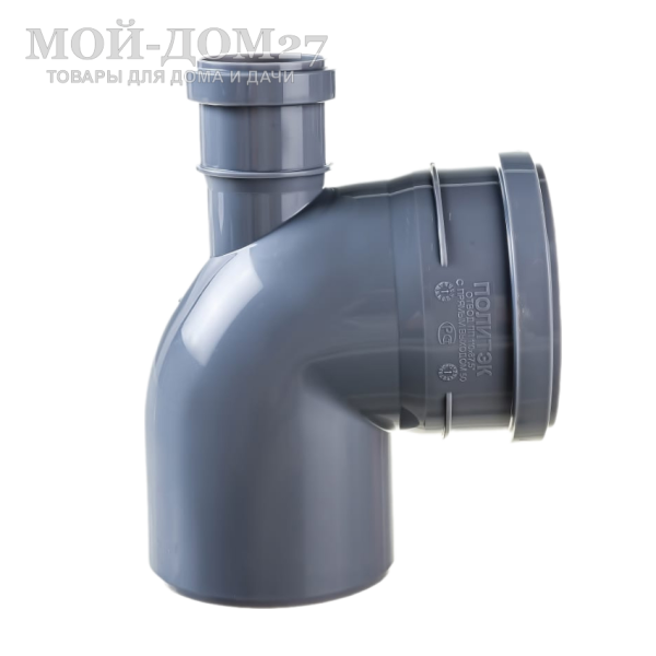 Отвод 87 град. для канализационной трубы 110 мм с выходом | Мой-Дом27 | Отвод 110 мм с углом поворота 87 градусов и выходом 50 мм, используется для создания отводов и изгибов, а также подключения дополнительных элементов и сантехнических устройств канализационных коммуникаций.
