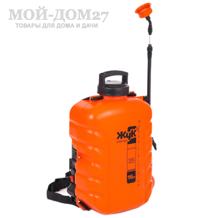 Аккумуляторный ранцевый опрыскиватель 16 л. ЖУК | Мой-Дом27 | Объем бака: 16 л.<br>
 Среднее время непрерывной работы: до 4 ч непрерывной работы<br>
 Удлиненный шланг брандспойта опрыскивателя - 1.5 метра<br>
 Дальность разбрызгивания: 0,5-2,5 м.<br>
 Максимальное давление: 5,5 бар<br>
 Максимальный расход жидкости: 3,1 л/мин<br>
 Тип АКБ: кислотно-свинцовый<br>