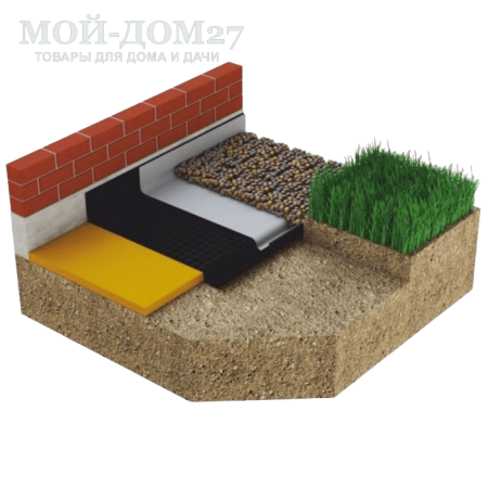 Профилированная мембрана ГЕО | Мой-Дом27 | Благодаря своей двухслойной структуре (дренажным каналам с термоскрепленным геотекстилем) мембрана обеспечивает высокую водопропускную способность.<br>
Применяется для организации вертикального пристенного дренажа, дренажа в эксплуатируемых и "зеленых" кровлях, дренажа в дорожках, отмостках и площадках.