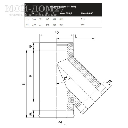 Тройник-сэндвич угол 135(45)° 150х210 мм (430/0,5) | Мой-Дом27 | Предназначен для изменения направления дымового канала, используется в местах присоединения теплогенерирующего аппарата к основному каналу. Выполняет функцию очистного приспособления, облегчает обслуживание дымохода.