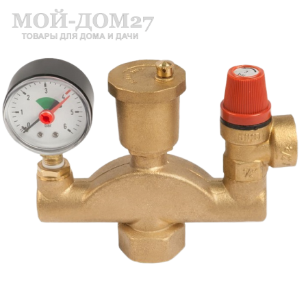 Группа безопасности котла 1” - 1/2” | Мой-Дом27 | Комплексная защита закрытой системы отопления от превышения максимально допустимого рабочего давления и отвода из неё воздуха, пара, газов<br>
 Диаметр подключения: 1"<br>
Диаметр сливного отверстия предохранительного клапана: 1/2"