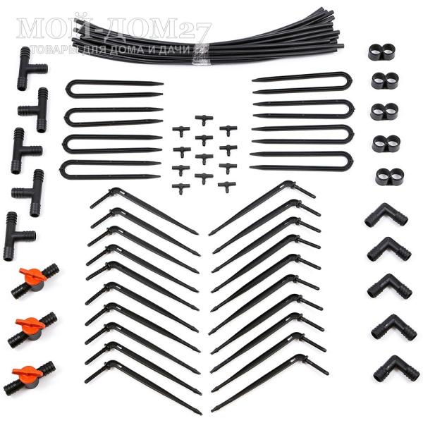 Расширительный комплект для капельного полива ЖУК от водопровода | Мой-Дом27 | Дополнительные детали&nbsp;к комплекту для капельного полива "ЖУК" от водопровода для увеличения площади полива и количества&nbsp;растений<br>
 <u>Комплектация</u>:&nbsp;микротрубка - 20 шт., стрелка с зажимом - 20 шт., компенсированная капельница 4л/ч - 20 шт., цанговый тройник.1/2 - 1&nbsp;шт., цанговый уголок - 1 шт., зажим для магистрального шланга - 2 шт., прижим к почве - 8 шт.<br>