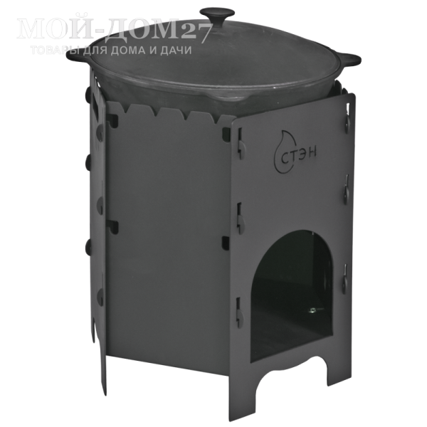 Печь под казан и мангал Казан-Мангал | Мой-Дом27 | Многофункциональная разборная печь «три в одном».
Варианты использования:
- как мангал для приготовления шашлыков;
- как печь для приготовления пищи на плите;
- как печь для приготовления пищи в казане 8-12 л. (казан малого размера устанавливается на накладное кольцо)
