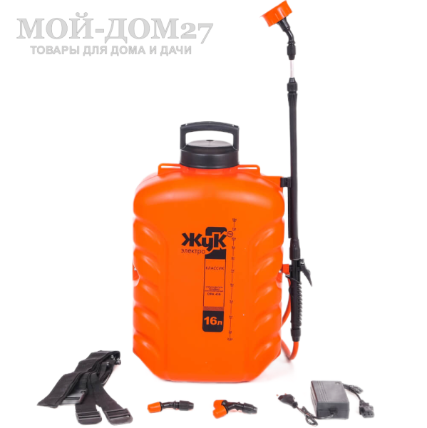 Аккумуляторный ранцевый опрыскиватель 16 л. ЖУК | Мой-Дом27 | Объем бака: 16 л.<br>
 Среднее время непрерывной работы: до 4 ч непрерывной работы<br>
 Удлиненный шланг брандспойта опрыскивателя - 1.5 метра<br>
 Дальность разбрызгивания: 0,5-2,5 м.<br>
 Максимальное давление: 5,5 бар<br>
 Максимальный расход жидкости: 3,1 л/мин<br>
 Тип АКБ: кислотно-свинцовый<br>