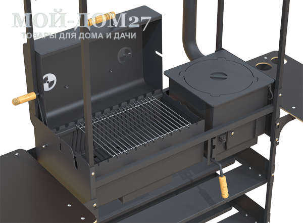 Гриль, мангал и печь под казан ROLAND Sr. | Мой-Дом27 | Применяется в нескольких вариация для приготовления различных блюд на открытом воздухе под навесом:<br>
 - как гриль и барбекю с решеткой, а на боковых стенках мангала имеются пазы под вертел;<br>
 - как печь под казан, ёмкостью 6-8 л;<br>
 - как мангал, для приготовления шашлыков;<br>
 - как печь с варочной поверхностью, для приготовления пищи в обычной посуде.<br>
 Справа и слева располагаются откидные столики . Внизу – полки.<br>