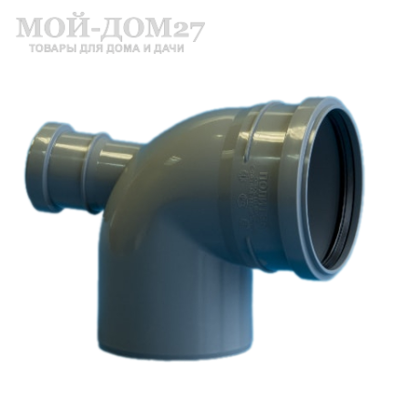 Отвод 87 град. для канализационной трубы 110 мм с выходом | Мой-Дом27 | Отвод 110 мм с углом поворота 87 градусов и выходом 50 мм, используется для создания отводов и изгибов, а также подключения дополнительных элементов и сантехнических устройств канализационных коммуникаций.