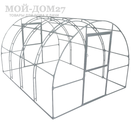 Каркас теплицы 3х4 СверхПрочная | Мой-Дом27 | Ширина - 3 метра. Высота - 2,1 метра. Длина - 4 метра.<br>
 Выдерживаемая снеговая нагрузка - 150 кг/м2. Выдерживаемая ветровая нагрузка - до 22 м/с.<br>
 Оцинкованная профильная труба 20х20 мм<br>
 Расстояние между дугами 1 метра. <b>ДВОЙНАЯ ДУГА под дугой приварена еще одна дуга. </b>Ширина двери 0,96 метра.<br>
