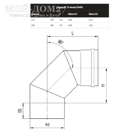 Колено-К угол 90° 115 мм (430/0,5) | Мой-Дом27 | Предназначен для изменения направления дымового канала под прямым углом.