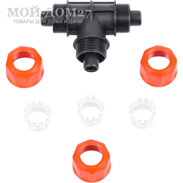 Тройник цанговый ЖУК 1/2" | Мой-Дом27 | <b>Материал:</b>&nbsp;пластик&nbsp;<br>
 <b>Диаметр:</b>&nbsp;шланг 1/2&nbsp;<br>
 <b>Применение:</b>&nbsp;для разветвления шлангов диаметром 1/2-1/2-1/2<br>
