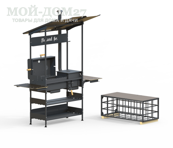 Гриль, мангал и печь под казан ROLAND Sr. | Мой-Дом27 | Применяется в нескольких вариация для приготовления различных блюд на открытом воздухе под навесом:<br>
 - как гриль и барбекю с решеткой,&nbsp;а на боковых стенках мангала имеются пазы под вертел;<br>
 - как печь под казан,&nbsp;ёмкостью 6-8 л;<br>
 - как мангал, для приготовления шашлыков;<br>
 - как печь с варочной поверхностью, для приготовления пищи в обычной посуде.<br>
 Справа и слева располагаются откидные столики . Внизу – полки.<br>