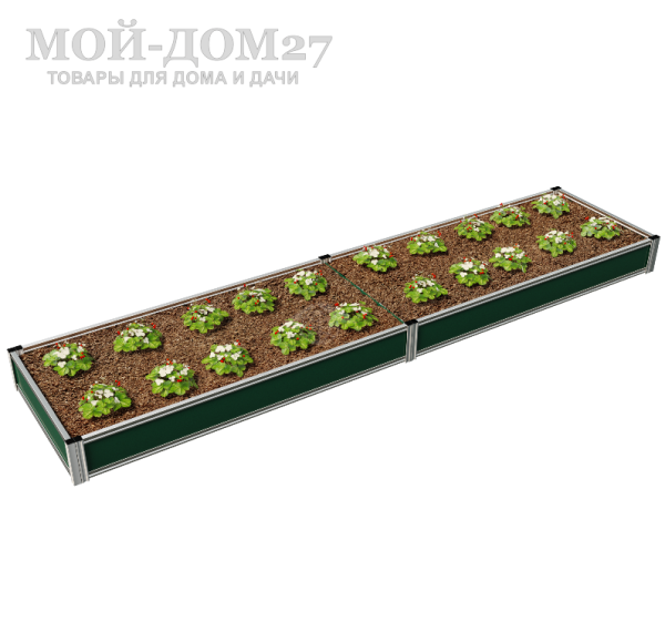 Оцинкованная грядка 0,65х9,8 метра | Мой-Дом27 | Длина: 9,8 метров. Ширина: 0,65 метра. Высота: 0,21 метра<br>
 Идеально подойдет для теплицы, благодаря своему укороченному размеру помещается внутри теплицы<br>
Материал: Оцинкованная сталь с нанесенным на нее полимерным покрытием зеленого цвета снаружи грядки и белого с внутренней стороны