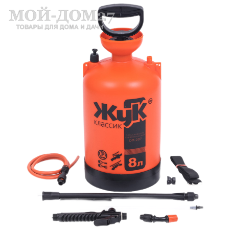 Опрыскиватель пневматический 8 л. ЖУК классик (ОП-207) | Мой-Дом27 | Объем бака: 8 л.<br>
 Диаметр заливной горловины: 100 мм<br>
 Тип брандспойта:Телескопический 650-970 мм<br>
 Рабочее давление: 2-3 атм<br>
 Расход рабочей жидкости 0,6-0,8 л/мин<br>
Регулировка распыла: от струи до тумана