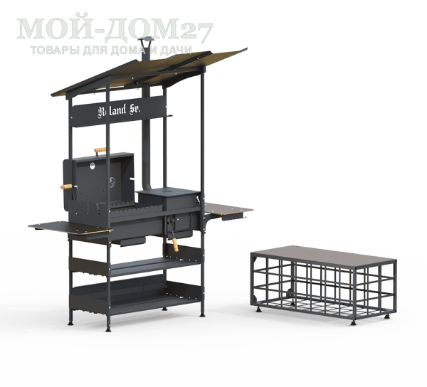 Гриль, мангал и печь под казан ROLAND Sr. | Мой-Дом27 | Применяется в нескольких вариация для приготовления различных блюд на открытом воздухе под навесом:<br>
 - как гриль и барбекю с решеткой, а на боковых стенках мангала имеются пазы под вертел;<br>
 - как печь под казан, ёмкостью 6-8 л;<br>
 - как мангал, для приготовления шашлыков;<br>
 - как печь с варочной поверхностью, для приготовления пищи в обычной посуде.<br>
 Справа и слева располагаются откидные столики . Внизу – полки.<br>