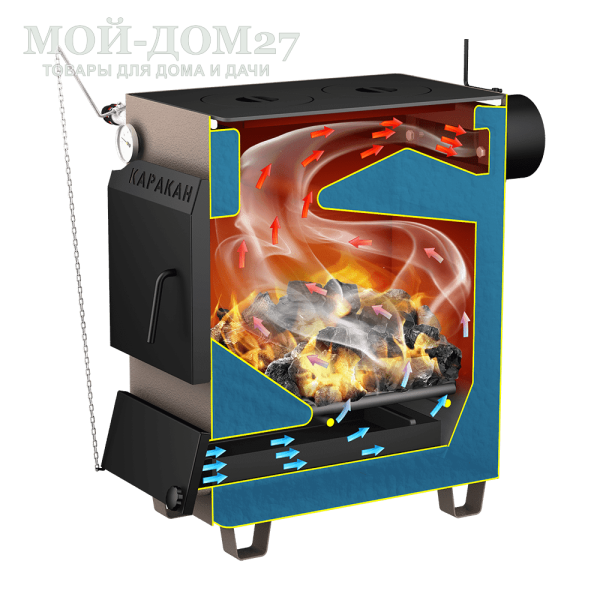 Твердотопливный котел КАРАКАН 14 ТПЭ-3 | Мой-Дом27 | Мощность 14 кВт (отапливаемая площадь до 140 м2)<br>
Котёл предназначен для работы на твёрдом топливе, имеет варочную плиту, с резьбовым фланцем для установки блока ТЭНов, рабочее давление в котле 3 кгс/см2.