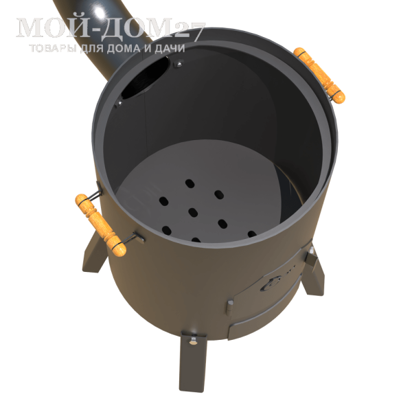 Печь под казан КазанОК-370 с дымоходом | Мой-Дом27 | Удобная и надежная печь для приготовления пищи на открытом воздухе в казане ёмкостью 8-12л. В конструкции предусмотрена возможность установки круглой варочной плиты. Корпус печи сварной, изготовлен из листовой стали толщиной 3 мм. Имеются удобные ручки для переноски, топочная дверца и зольный ящик. Ножки крепятся на корпус болтовым соединением.<br>
 <b>Труба разборная, с встроенным шибером и зонтом в комплекте.<br>
 Плита и решетка гриль приобретается отдельно</b><br>