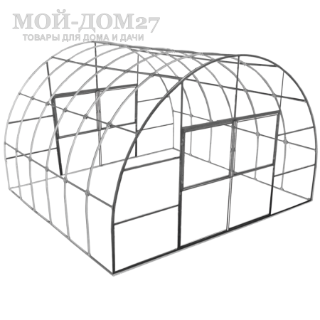 Каркас теплицы 4,2х4 Фермерская | Мой-Дом27 | <b>Ширина - 4,2 метра</b>. Высота - 2,75 метра. Длина - 4 метра<br>
 Выдерживаемая снеговая нагрузка - 150 кг/м2. Выдерживаемая ветровая нагрузка - до 27 м/с.<br>
 Оцинкованная профильная труба 30х20 мм<br>
 <b>Расстояние между дугами 0,65 метра. Толщина металла дуги 1,2 мм. С каждого торца по две двери и форточки в дверях</b><br>
 <b>
Стрингеров (горизонтальных соединений дуг) – 9 шт. </b><br>