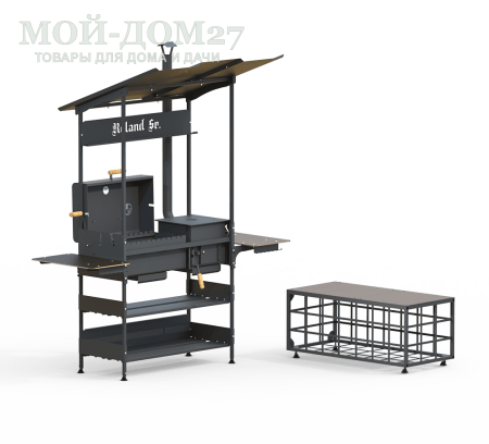 Гриль, мангал и печь под казан ROLAND Sr. | Мой-Дом27 | Применяется в нескольких вариация для приготовления различных блюд на открытом воздухе под навесом:<br>
 - как гриль и барбекю с решеткой, а на боковых стенках мангала имеются пазы под вертел;<br>
 - как печь под казан, ёмкостью 6-8 л;<br>
 - как мангал, для приготовления шашлыков;<br>
 - как печь с варочной поверхностью, для приготовления пищи в обычной посуде.<br>
 Справа и слева располагаются откидные столики . Внизу – полки.<br>