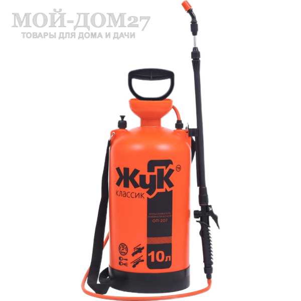 Опрыскиватель пневматический 10 л. ЖУК классик (ОП-207) | Мой-Дом27 Опрыскиватель пневматический 10 л. ЖУК классик (ОП-207) | Мой-Дом27 | Объем бака: 10 л.<br>
 Диаметр заливной горловины: 100 мм<br>
 Тип брандспойта:Телескопический 650-970 мм<br>
 Рабочее давление: 2-3 атм<br>
 Расход рабочей жидкости 0,6-0,8 л/мин<br>
Регулировка распыла: от струи до тумана