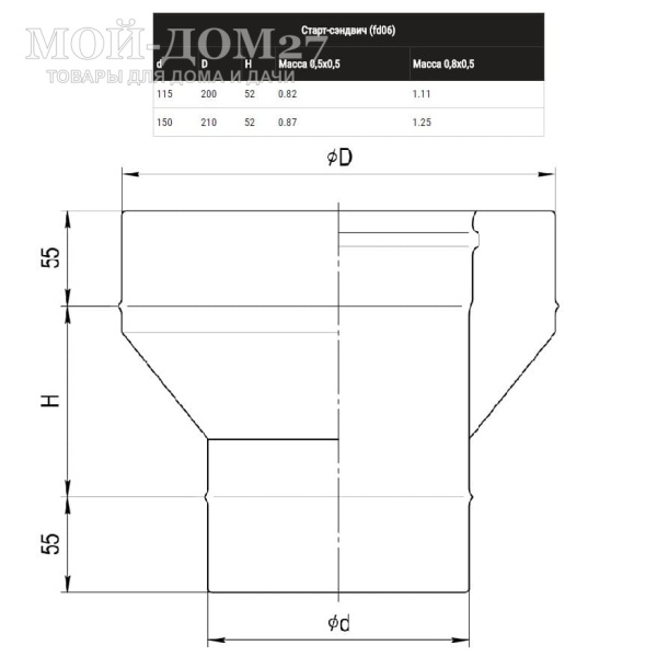 Старт-сэндвич 115х200 мм (430/0,8) | Мой-Дом27 | Используется для перехода с одностенного D115 на двустенный D115*200 дымоход.